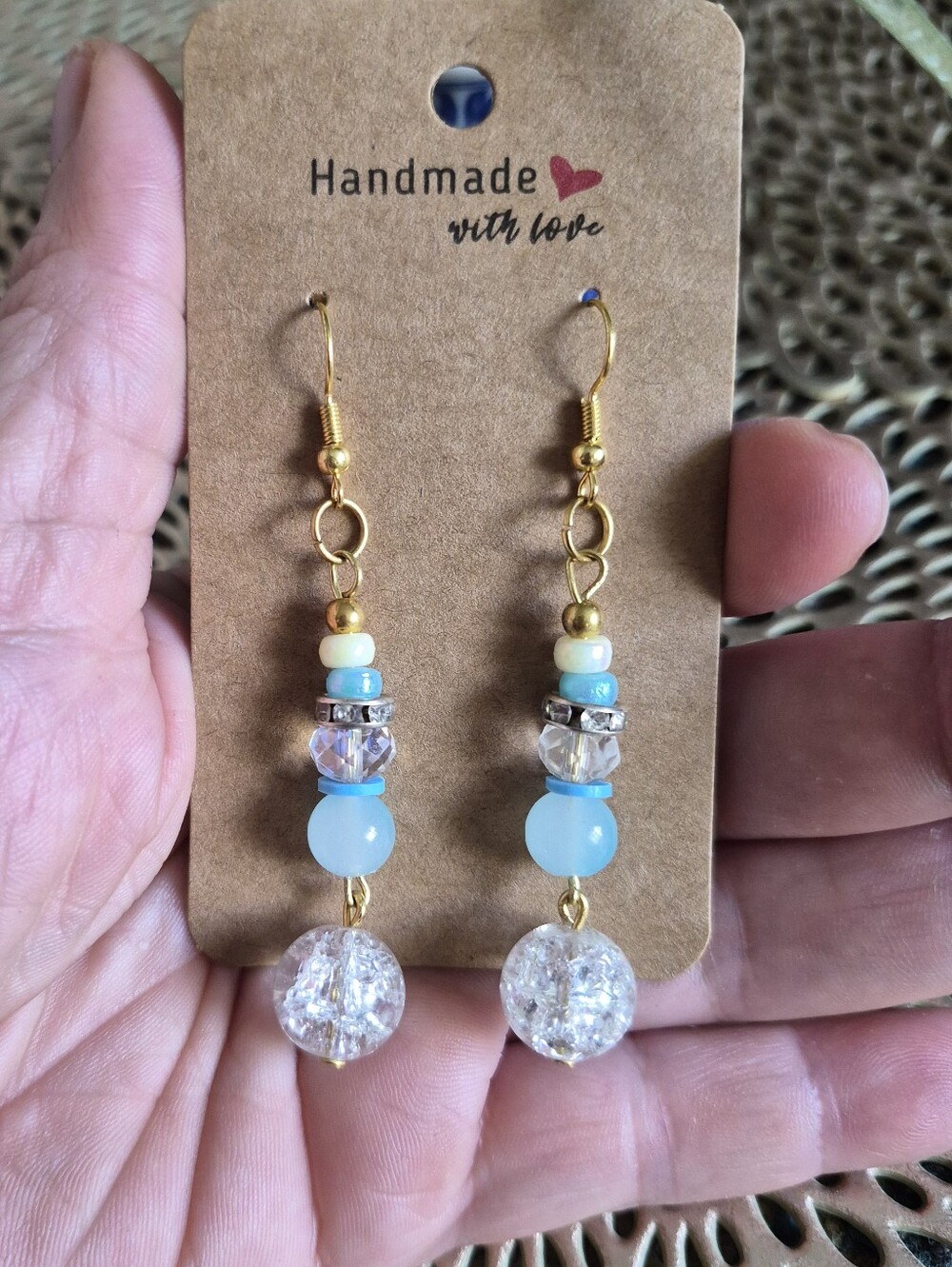 Handmade Gold-Tone & Light Blue Beaded Drop Earrings